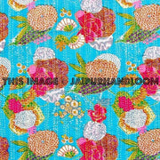 Turquoise kantha throw blanket in queen size Floral print-Jaipur Handloom
