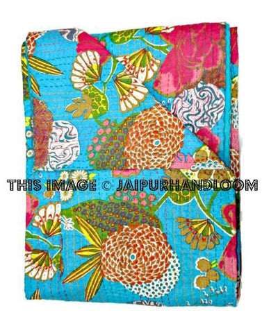 Turquoise kantha throw blanket in queen size Floral print-Jaipur Handloom