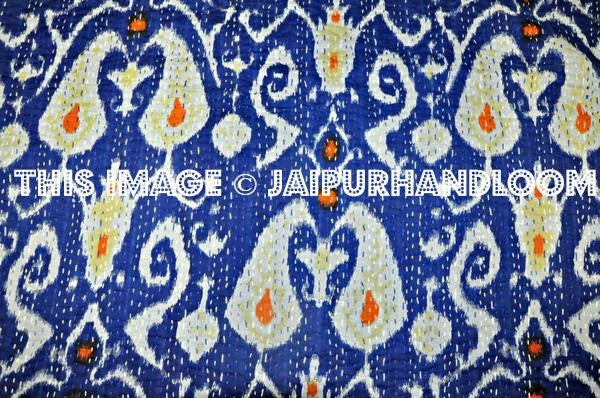Twin Ikat Quilt, Kantha Quilt, Kantha Bedspread, Kantha Throw, Ikat Bedspread, Twin Kantha Bed Cover, Twin Coverlet, Ikat Bed Cover Bedding-Jaipur Handloom