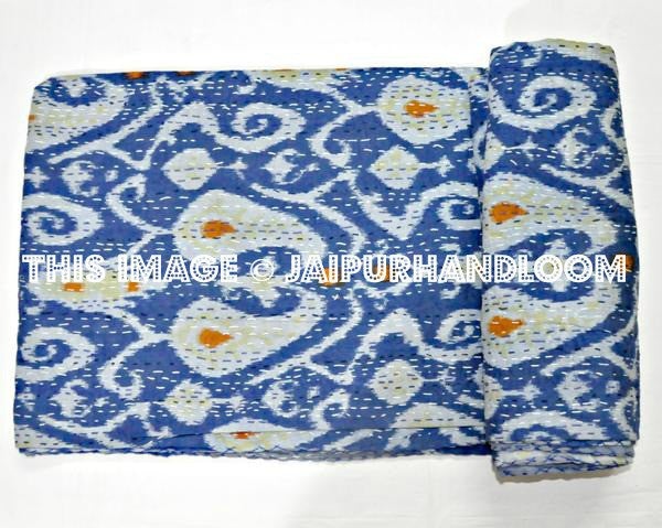 Twin Ikat Quilt, Kantha Quilt, Kantha Bedspread, Kantha Throw, Ikat Bedspread, Twin Kantha Bed Cover, Twin Coverlet, Ikat Bed Cover Bedding-Jaipur Handloom