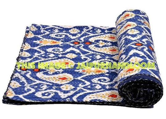 Twin Ikat Quilt, Kantha Quilt, Kantha Bedspread, Kantha Throw, Ikat Bedspread, Twin Kantha Bed Cover, Twin Coverlet, Ikat Bed Cover Bedding-Jaipur Handloom