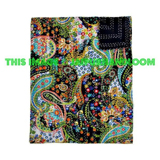Twin Kantha Quilt Bohemian Black Paisley Quilted Coverlet Kantha Blanket