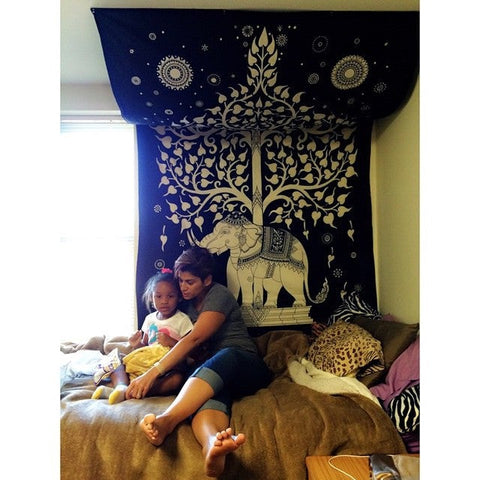 Twin Size Black Elephant & Tree Tapestry Wall Hanging Dorm Decor-Jaipur Handloom
