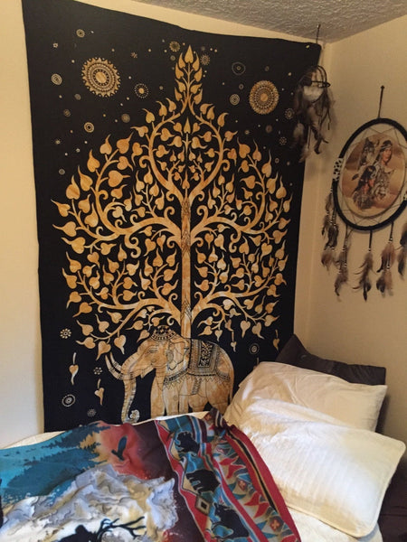 Twin Size Black and Golden Elephant Tree Tapestry Wall Hanging Dorm Decor-Jaipur Handloom