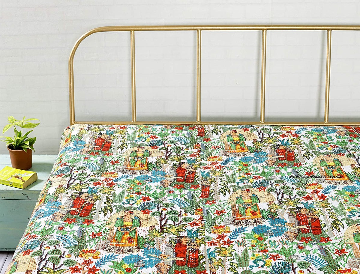 Floral Frida Kahlo Kantha Bed Cover
