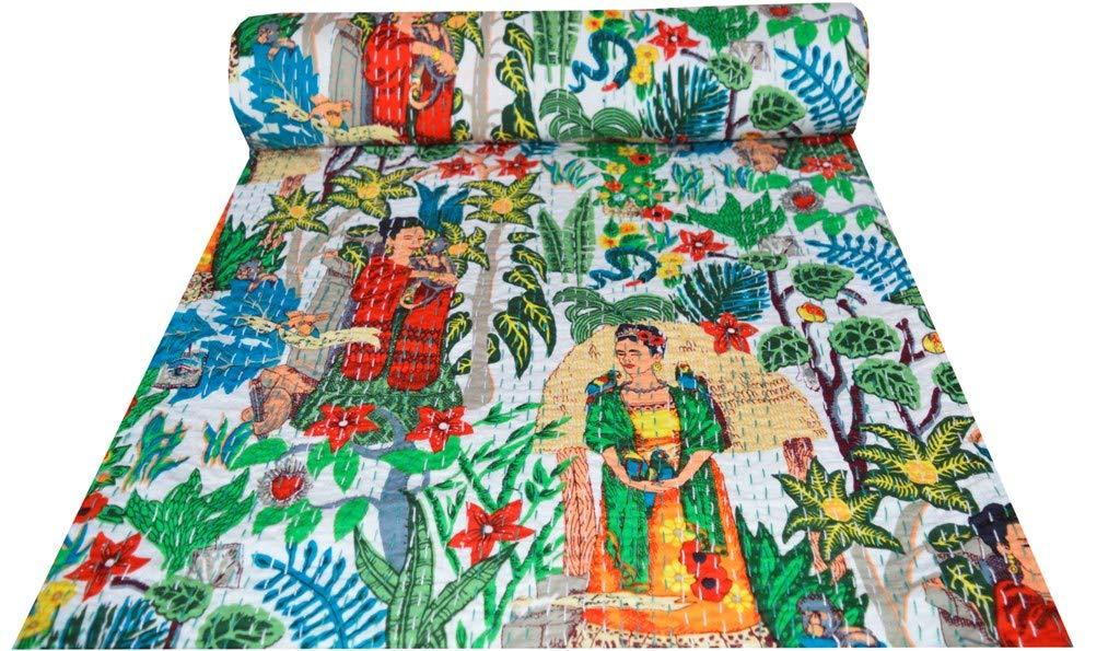 antique pattern frida kahlo kantha bed cover