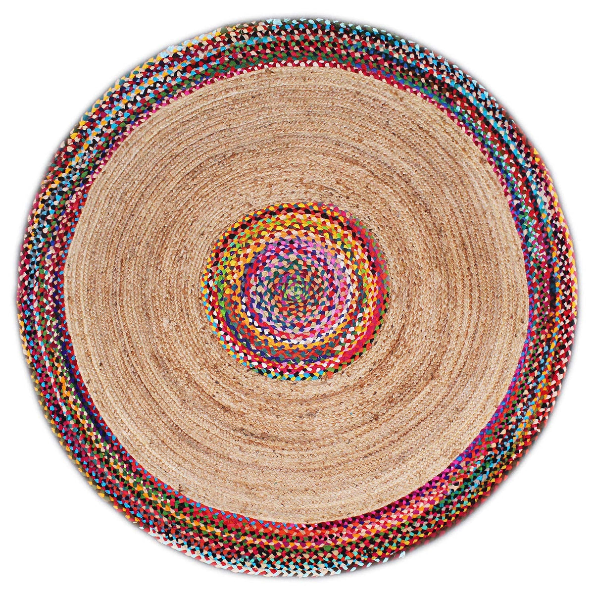 Jaipur handloom Natural Jute and Multi Cotton Chindi Reversible Design Braided Rug, Hand Woven & Reversible Design Rug, Vibrant Fabric Rugs, for Living Room, Bedroom, Kitchen, Garden