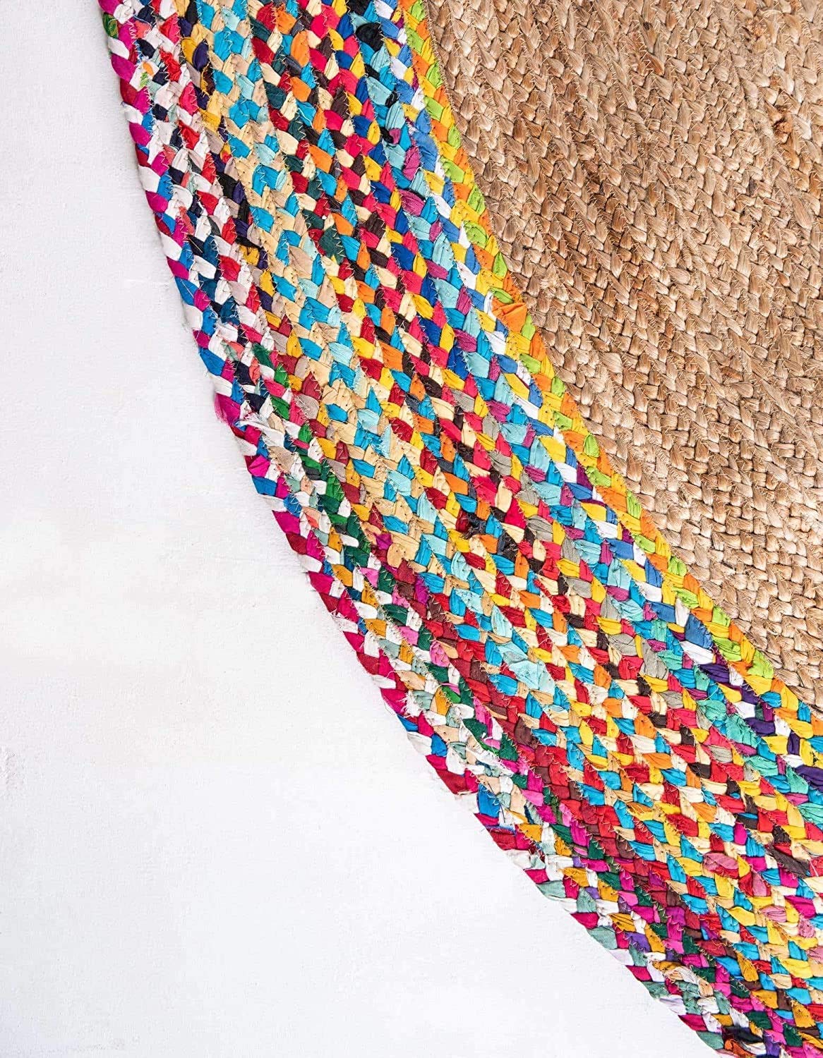 Jaipur handloom Natural Jute and Multi Cotton Chindi Reversible Design Braided Rug, Hand Woven & Reversible Design Rug, Vibrant Fabric Rugs, for Living Room, Bedroom, Kitchen, Garden