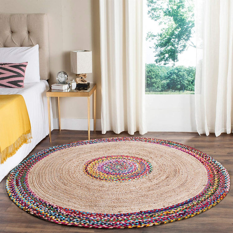 Jaipur handloom Natural Jute and Multi Cotton Chindi Reversible Design Braided Rug, Hand Woven & Reversible Design Rug, Vibrant Fabric Rugs, for Living Room, Bedroom, Kitchen, Garden