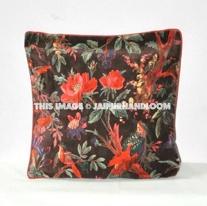 Velvet Pillow In Bird Print, Brown Velvet Pillow, Decorative Brown Throw Pillow, Pillow Cover, Cushion Cover, Indian Pillow, Floor Pillow-Jaipur Handloom