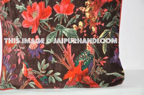 Velvet Pillow In Bird Print, Brown Velvet Pillow, Decorative Brown Throw Pillow, Pillow Cover, Cushion Cover, Indian Pillow, Floor Pillow-Jaipur Handloom