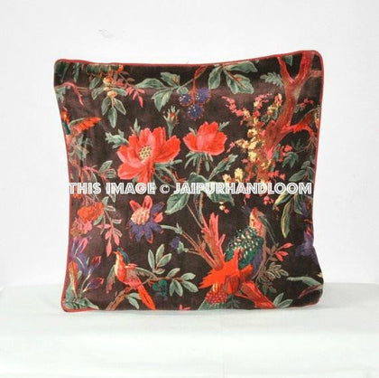 Velvet Pillow In Bird Print, Brown Velvet Pillow, Decorative Brown Throw Pillow, Pillow Cover, Cushion Cover, Indian Pillow, Floor Pillow-Jaipur Handloom