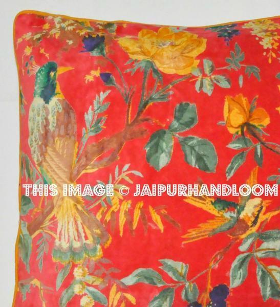 Velvet Pillow In Bird Print, Velvet Pillow Cover, Decorative Throw Pillow, Cushion Cover, Indian Pillow Cover, Floor Pillow cushion-Jaipur Handloom
