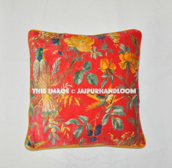 Velvet Pillow In Bird Print, Velvet Pillow Cover, Decorative Throw Pillow, Cushion Cover, Indian Pillow Cover, Floor Pillow cushion-Jaipur Handloom