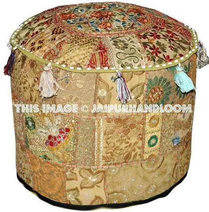 Vintage Bohemian Embroidered Pouf Ottoman Footstool Cover-Jaipur Handloom