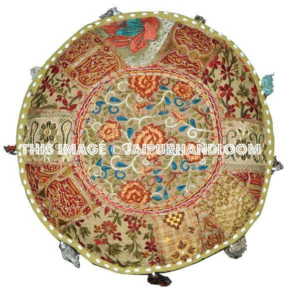 Vintage Bohemian Embroidered Pouf Ottoman Footstool Cover-Jaipur Handloom