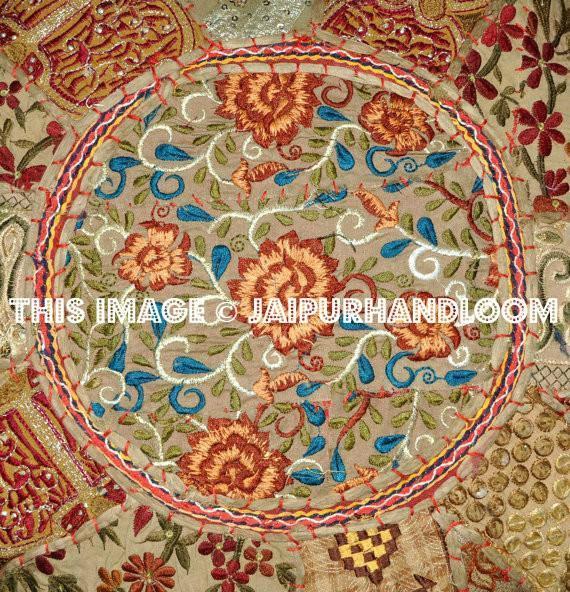Vintage Bohemian Embroidered Pouf Ottoman Footstool Cover-Jaipur Handloom