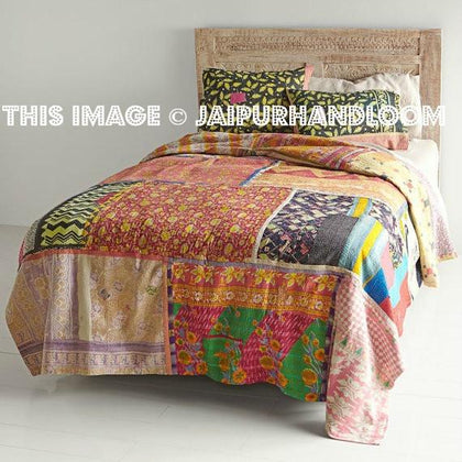 Vintage Kantha Patchwork Quilt Blanket Throw Queen Bedding-Jaipur Handloom