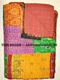 Vintage Kantha Quilt, Silk Sofa Throw Twin kantha Blanket Curtains-Jaipur Handloom