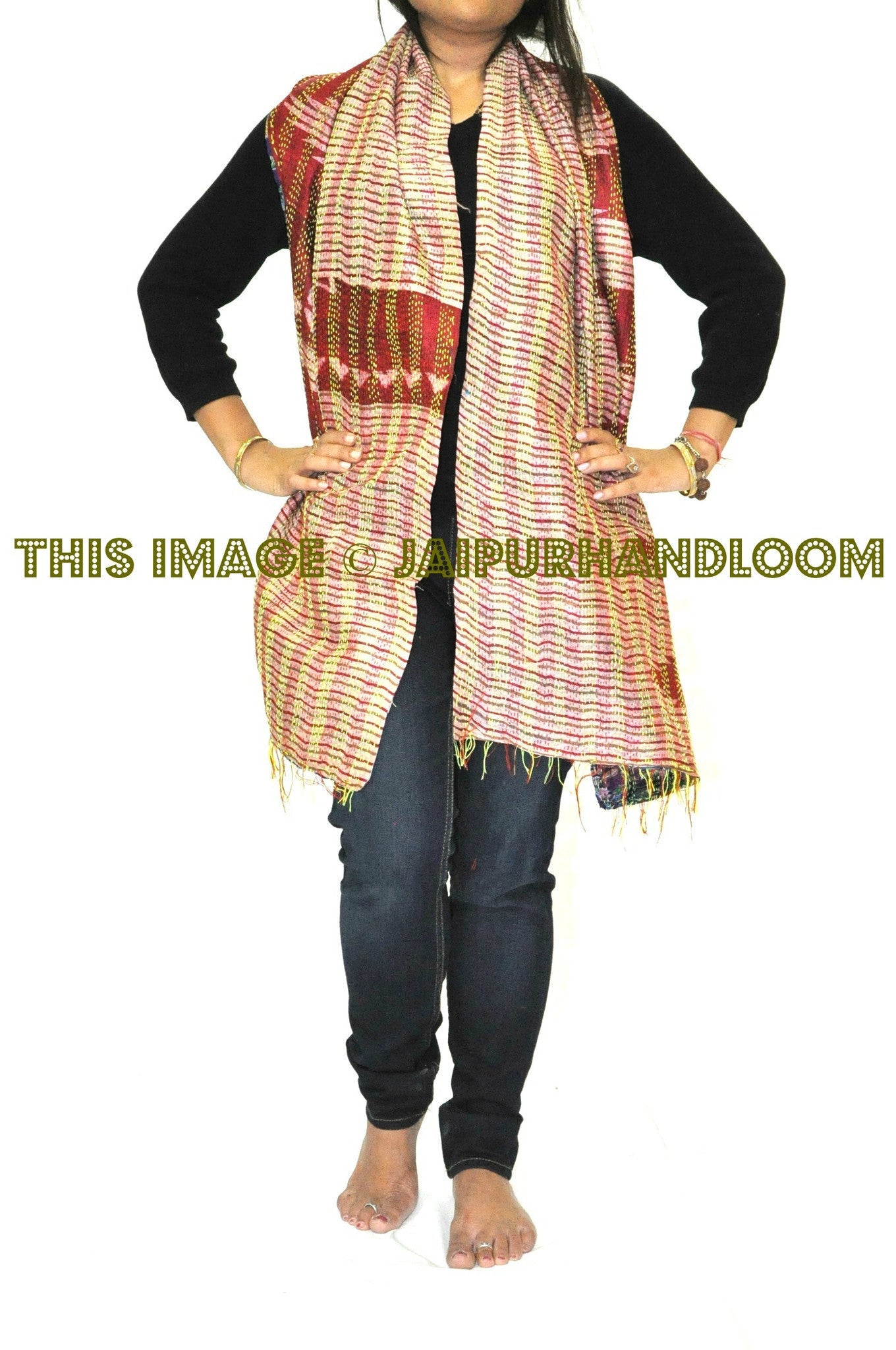 Vintage Kantha Scarf -  Saffron-Jaipur Handloom