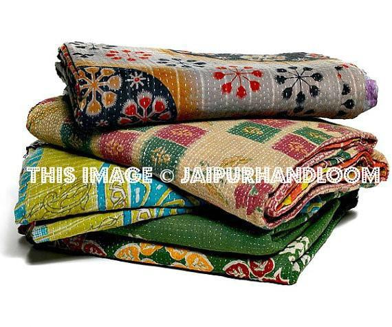 Vintage Kantha Throw India Sari Kantha Quilt set of 3 throws-Jaipur Handloom