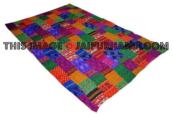 Vintage indian sari quilt, Twin kantha quilt, kantha sari throw-Jaipur Handloom