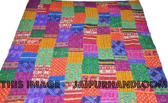 Vintage indian sari quilt, Twin kantha quilt, kantha sari throw-Jaipur Handloom