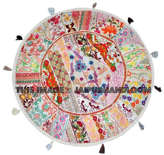 White 22" Decorative Round Floor Pillow Cushion round embroidered Bohemian Patchwork floor cushion pouf Vintage Indian Foot Stool Bean Bag-Jaipur Handloom