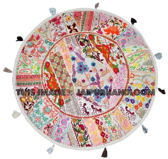 White 22" Decorative Round Floor Pillow Cushion round embroidered Bohemian Patchwork floor cushion pouf Vintage Indian Foot Stool Bean Bag-Jaipur Handloom