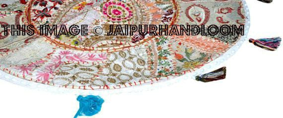 White 22" Patchwork Round Floor Pillow Cushion round embroidered Bohemian Patchwork floor cushion pouf Vintage Indian Foot Stool Bean Bag-Jaipur Handloom