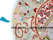 White 22" Patchwork Round Floor Pillow Cushion round embroidered Bohemian Patchwork floor cushion pouf Vintage Indian Foot Stool Bean Bag-Jaipur Handloom
