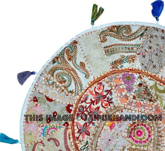 White 22" Patchwork Round Floor Pillow Cushion round embroidered Bohemian Patchwork floor cushion pouf Vintage Indian Foot Stool Bean Bag-Jaipur Handloom