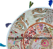 White 22" Patchwork Round Floor Pillow Cushion round embroidered Bohemian Patchwork floor cushion pouf Vintage Indian Foot Stool Bean Bag-Jaipur Handloom