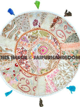 White 22" Patchwork Round Floor Pillow Cushion round embroidered Bohemian Patchwork floor cushion pouf Vintage Indian Foot Stool Bean Bag