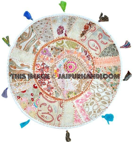 White 22" Patchwork Round Floor Pillow Cushion round embroidered Bohemian Patchwork floor cushion pouf Vintage Indian Foot Stool Bean Bag-Jaipur Handloom