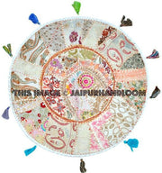 White 22" Patchwork Round Floor Pillow Cushion round embroidered Bohemian Patchwork floor cushion pouf Vintage Indian Foot Stool Bean Bag-Jaipur Handloom