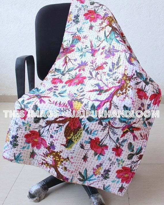 White Bird print Quilt Sari Kantha Quilt Indian Quilt Queen Size Bedspread Bedding-Jaipur Handloom