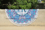 White & Blue Elephant Floral Ombre Round Beach Towel, Mandala Roundie-Jaipur Handloom