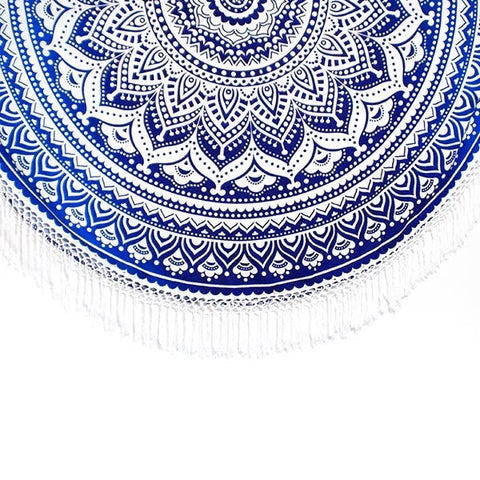 White & Blue Ombre Mandala Roundie Beach Throw Round Table Cloth-Jaipur Handloom