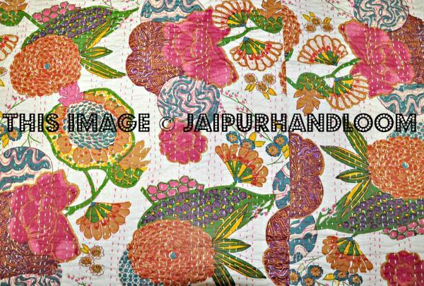 White Floral Kantha Quilt In Queen Blanket Bedspread-Jaipur Handloom