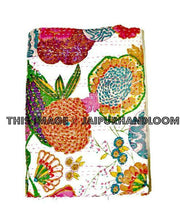 White Floral Kantha Quilt In Queen Blanket Bedspread-Jaipur Handloom