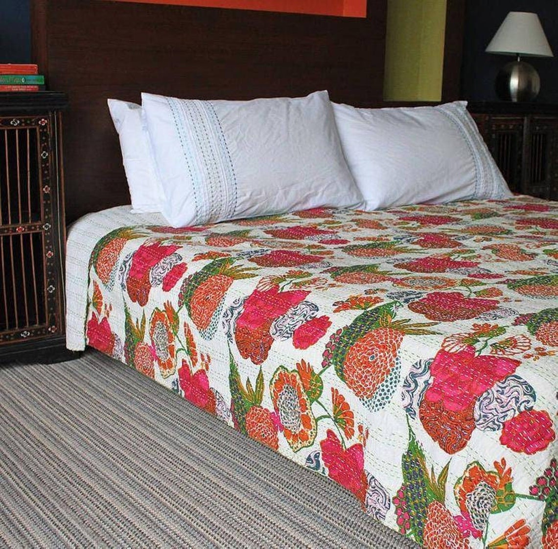 Indian White Handmade Stitched Pure Cotton Fruit Print Kantha Quilt