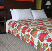 Indian White Handmade Stitched Pure Cotton Fruit Print Kantha Quilt