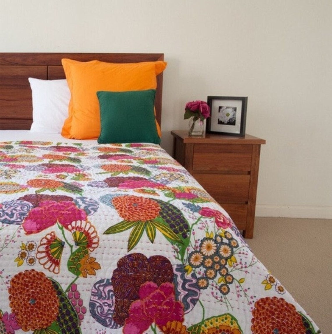 white  fruit kantha quilt