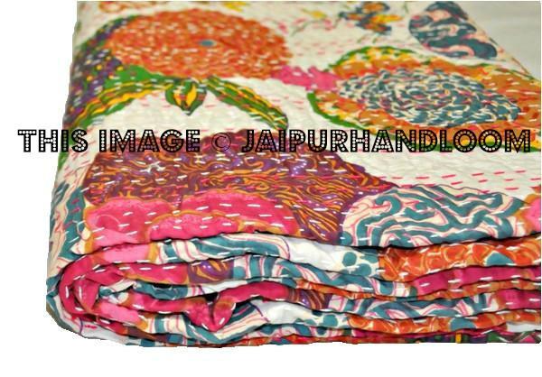 White Floral Kantha Quilt In Queen Blanket Bedspread-Jaipur Handloom