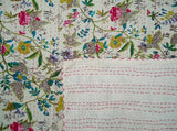 White Floral Queen Kantha Quilt Bedspreads