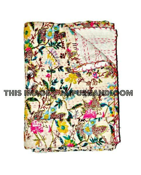 White Floral Queen Kantha Quilt Bedspreads