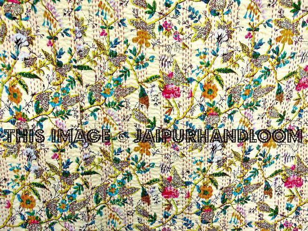White Floral Queen Kantha Quilt Bedspreads