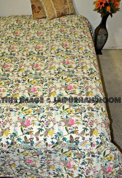 White Floral Queen Kantha Quilt Bedspreads
