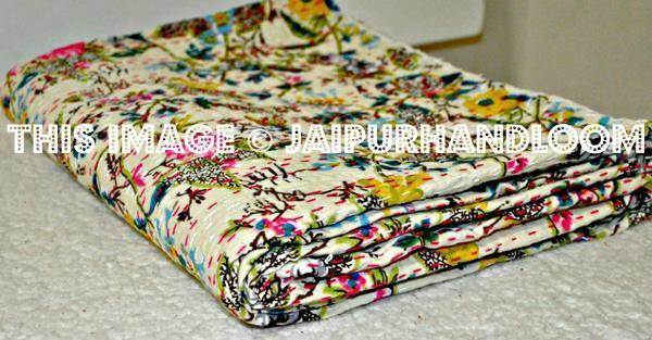 White Floral Queen Kantha Quilt Bedspreads